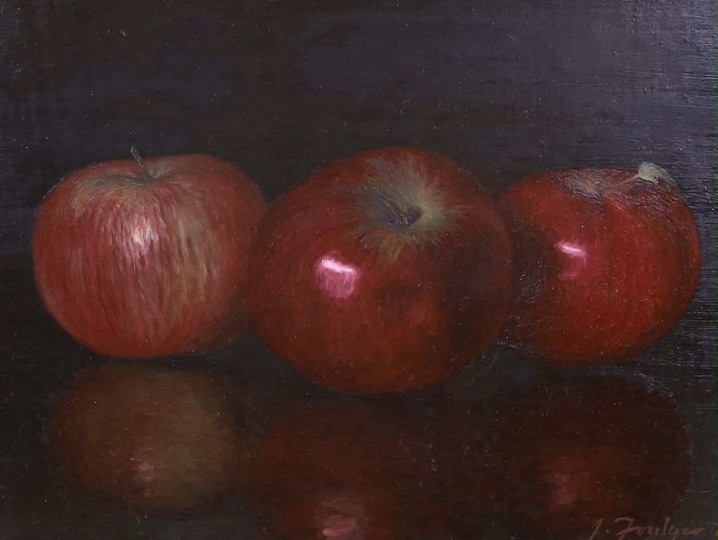 J. Foulger (Corot), four oils on board, Still lifes of flowers and fruit, largest 29 x 39cm